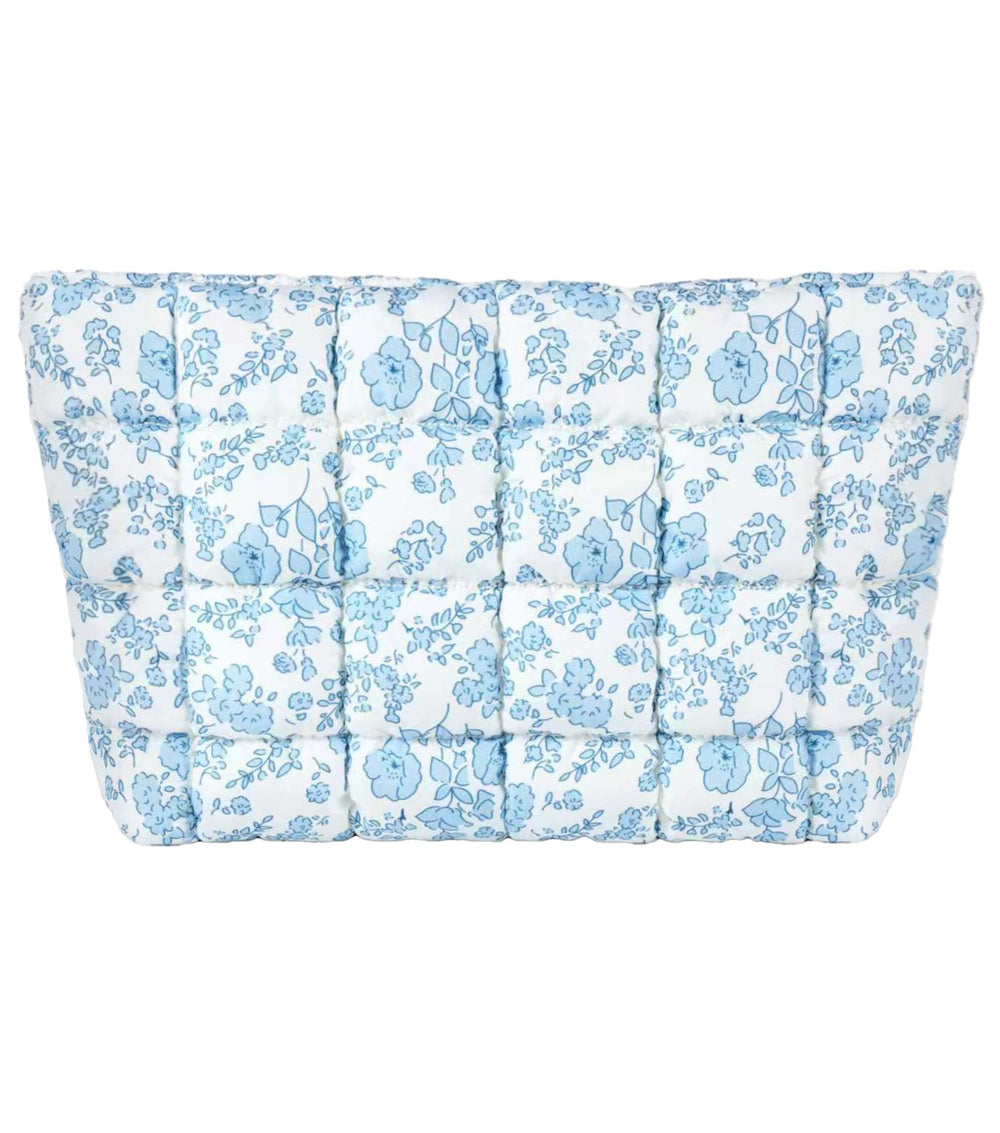 HFLZBRO Puffy makeup bag front view with blue floral quilting for stylish travel organization