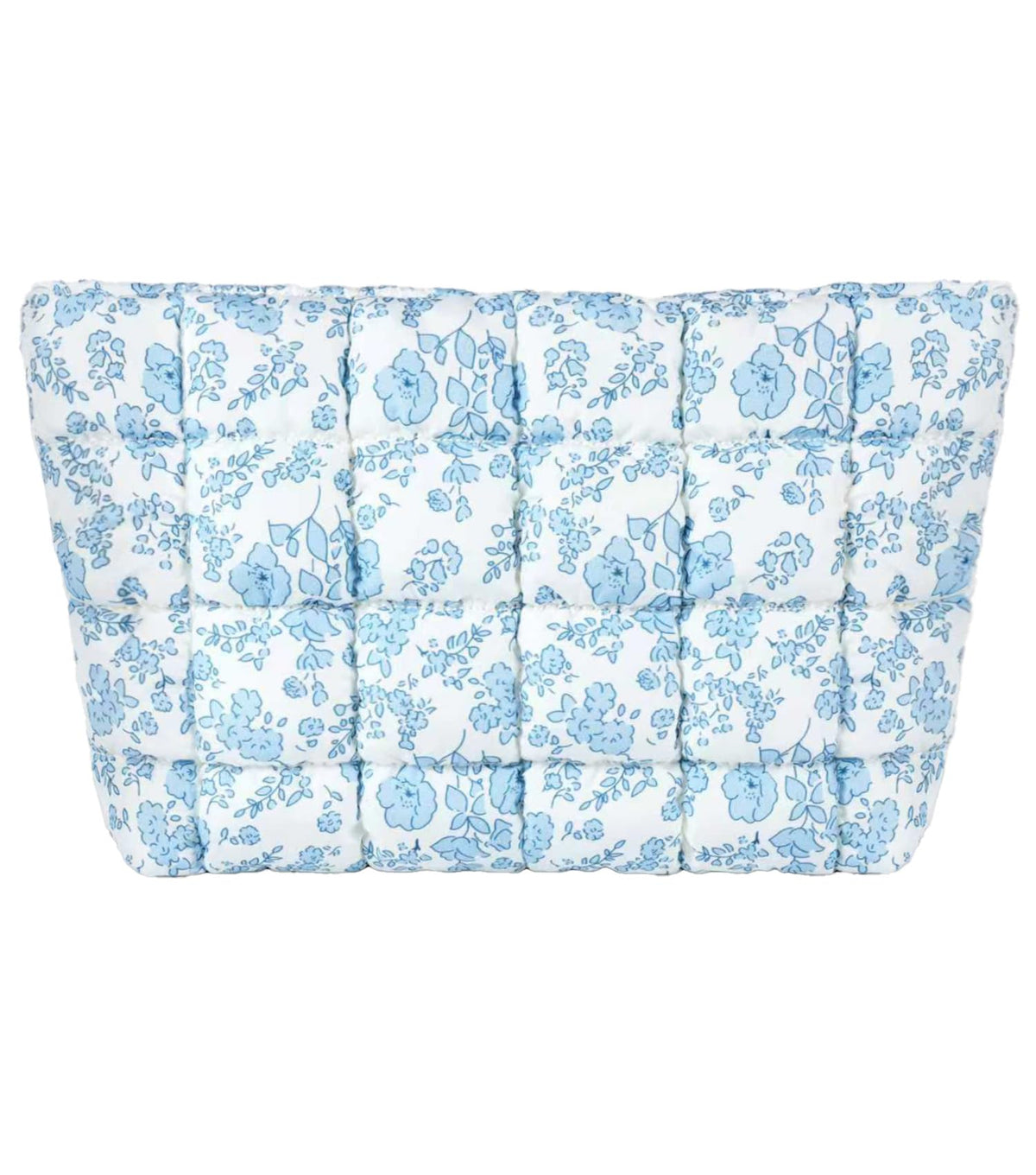 HFLZBRO Puffy makeup bag front view with blue floral quilting for stylish travel organization