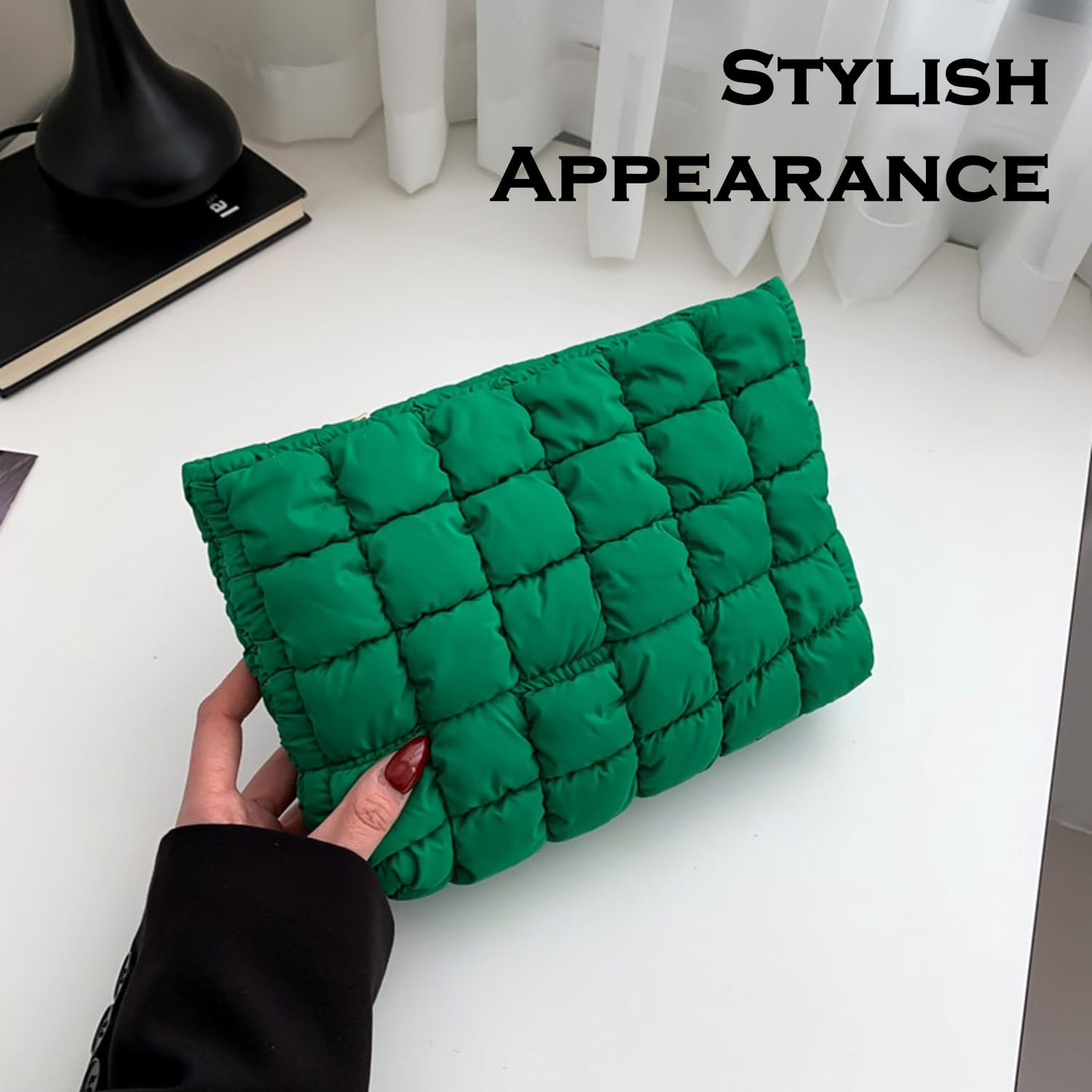 HFLZBRO Puffy makeup bag green front view shows quilted design.