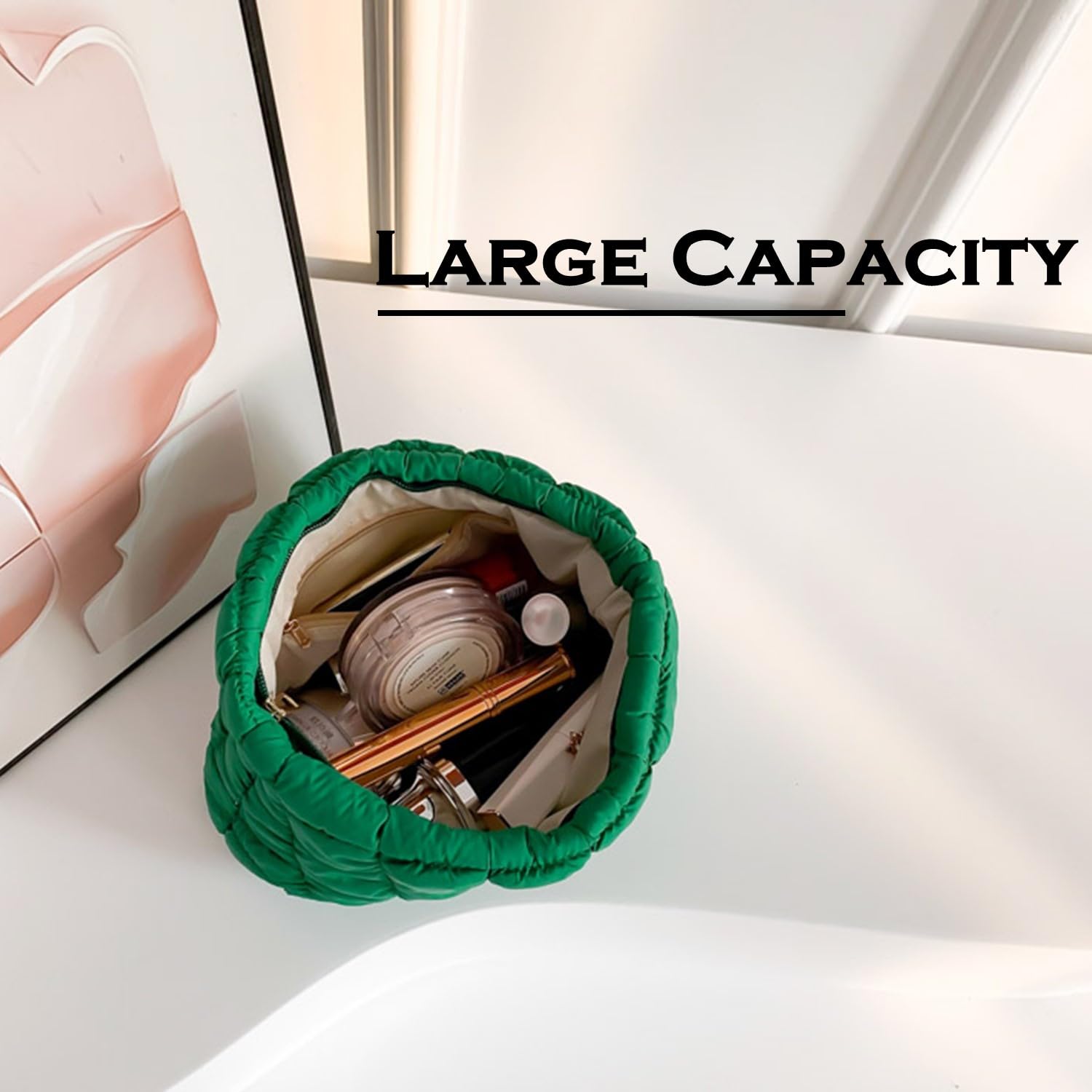 HFLZBRO Puffy makeup bag green inner pocket stores cards securely.