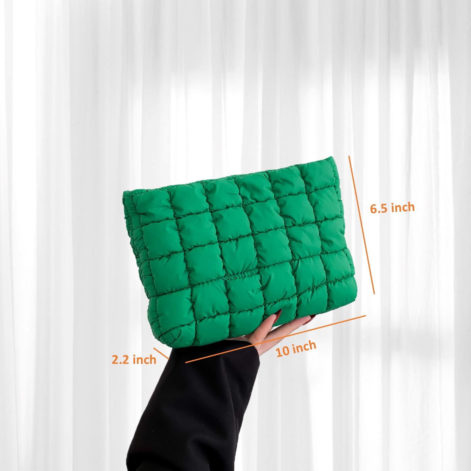 HFLZBRO Puffy makeup bag green travel setup fits in luggage.