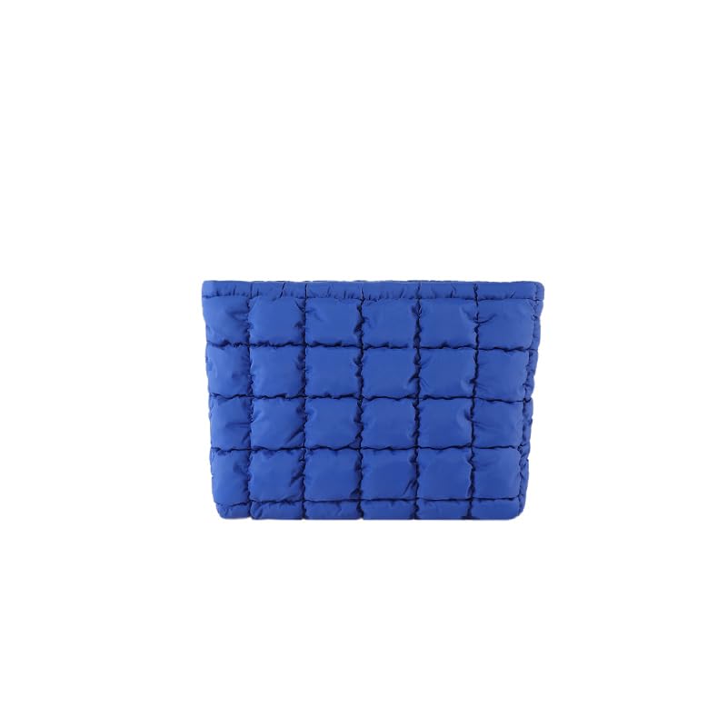 HFLZBRO Puffy quilted makeup bag blue front view for stylish travel organization.