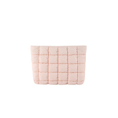 HFLZBRO Puffy quilted makeup bag pink front view shows chic design and portability.