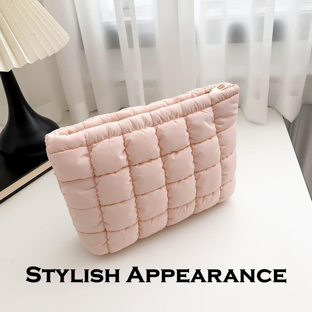 HFLZBRO Puffy quilted makeup bag interior shows spacious main compartment for cosmetics.