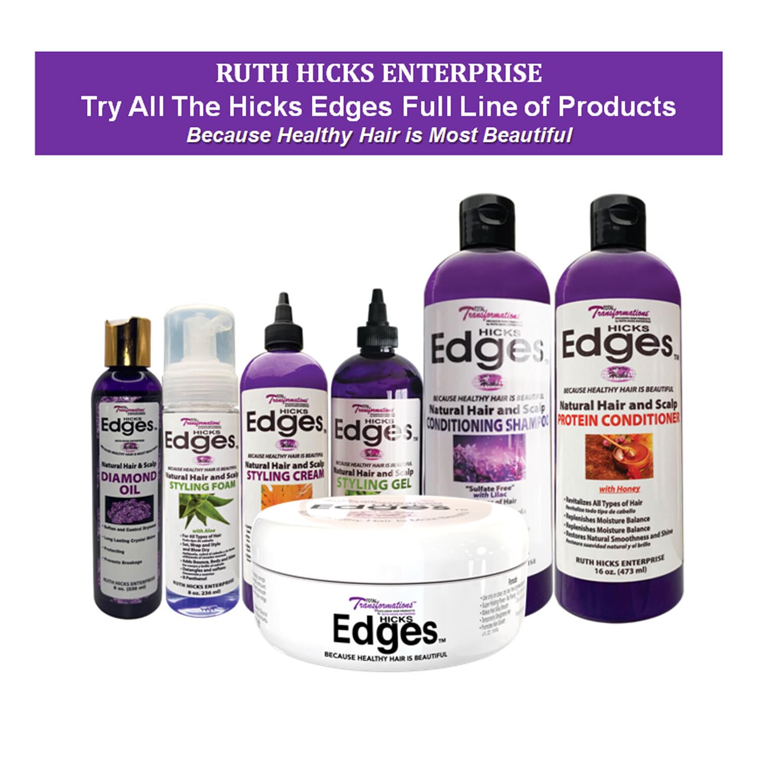 Hicks Total Transformations Edges Gel bottle cap shot emphasizes shine-focused edge control.
