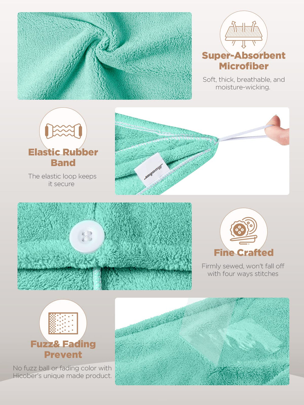 Hicober microfiber towel turban in grey highlighting soft, absorbent wrap for all hair types.