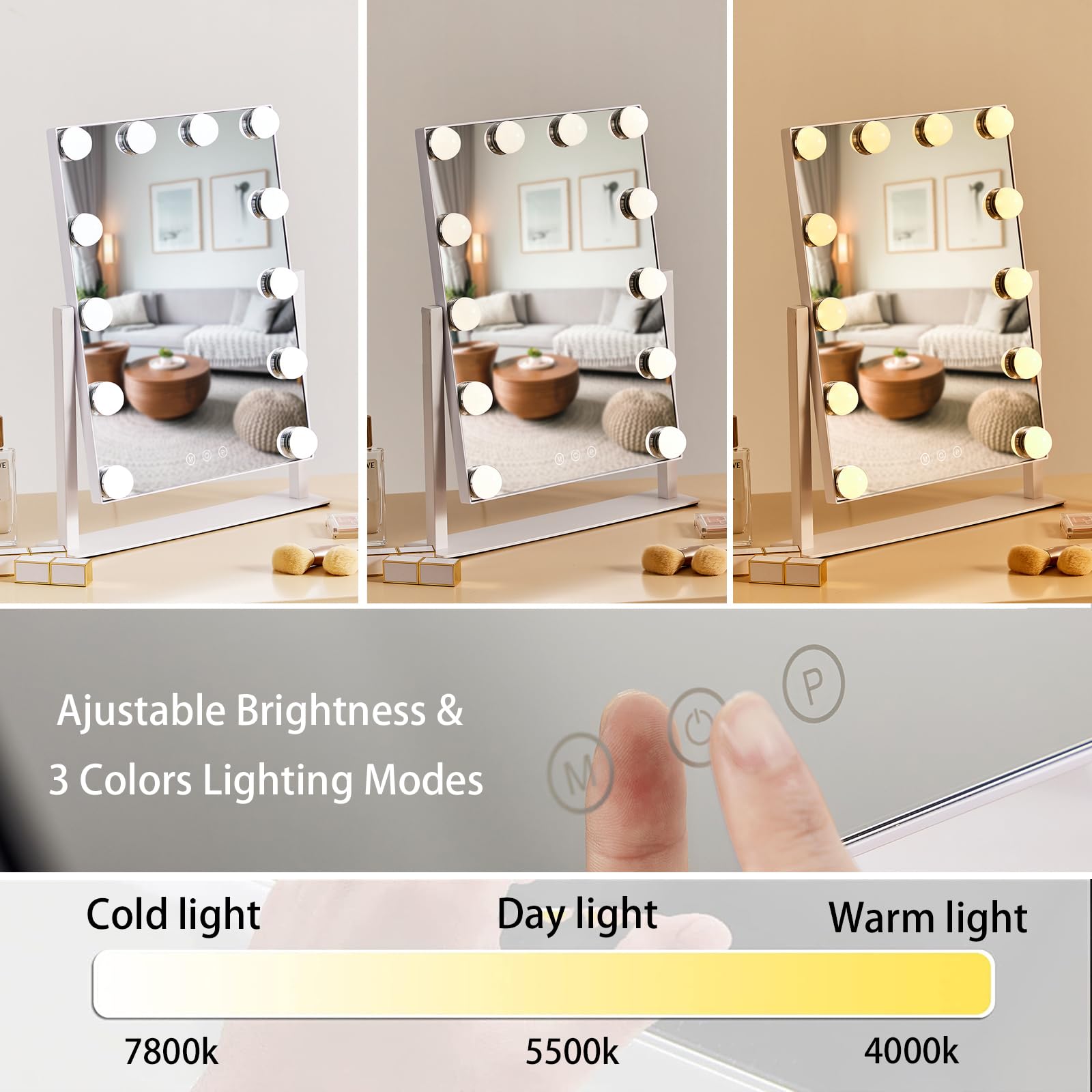 HIEEY Hollywood makeup mirror with sensor touch control for brightness and mode changes