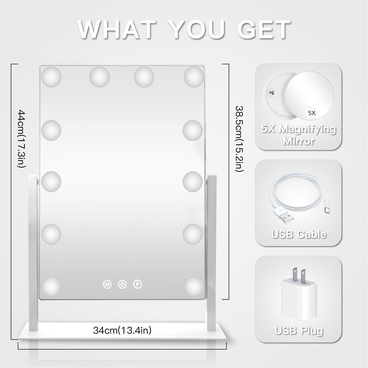 HIEEY Hollywood mirror showing three lighting modes for different looks.