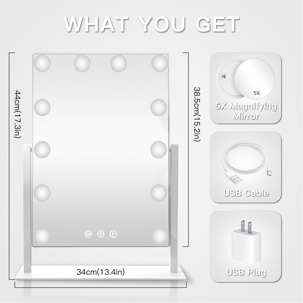 HIEEY Hollywood mirror showing three lighting modes for different looks.