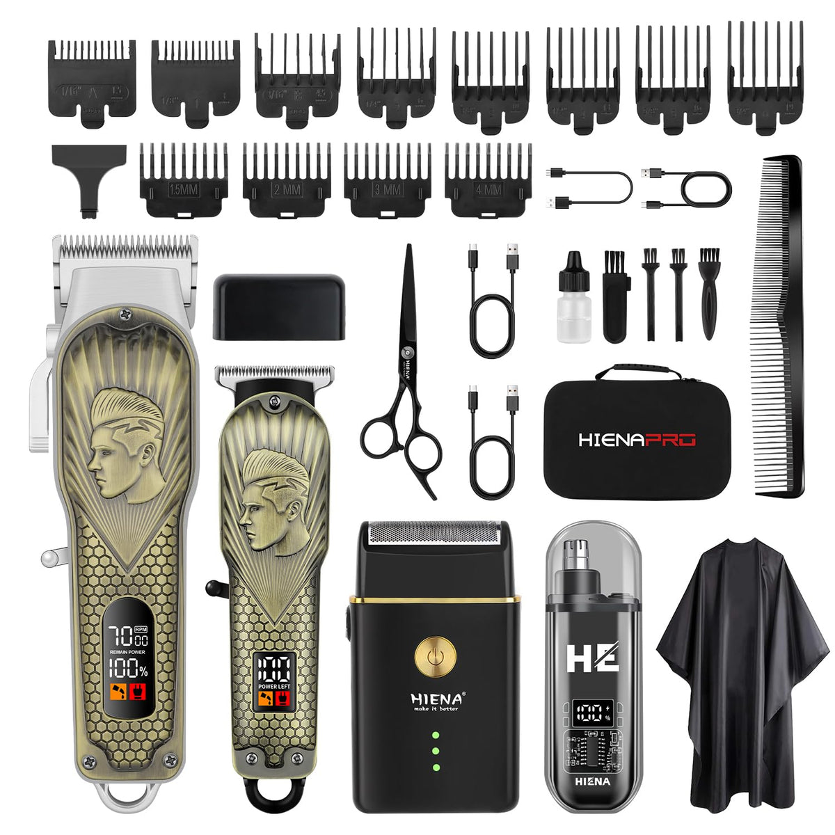 HIENA PRO professional hair clippers set in a black bag for complete at-home grooming.