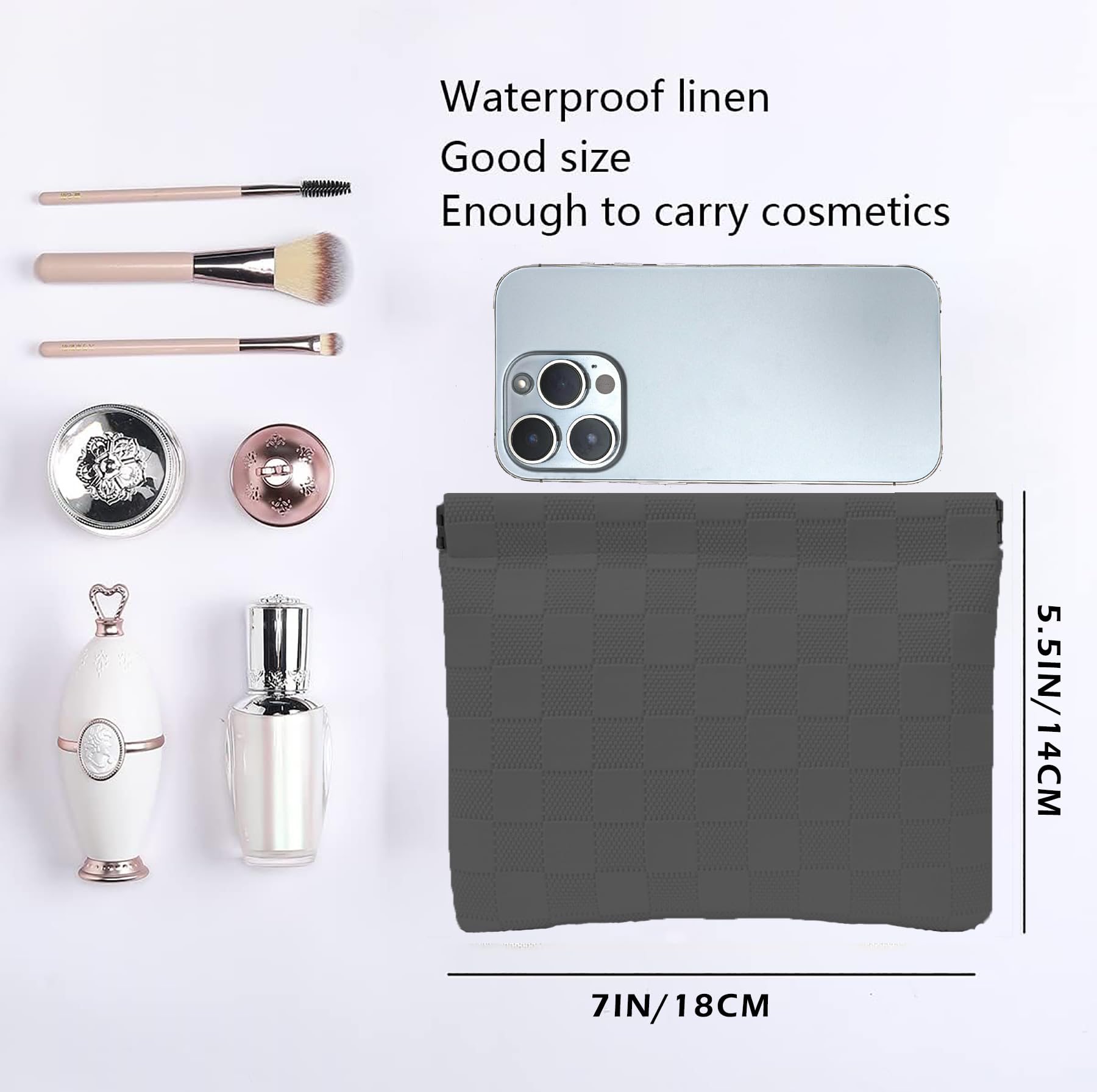HIGH FIT leather pocket cosmetic bag with no-zip design enables one-handed access.