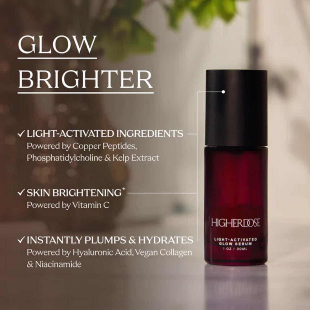 HigherDOSE Glow Serum ingredients include collagen and hyaluronic acid for hydration