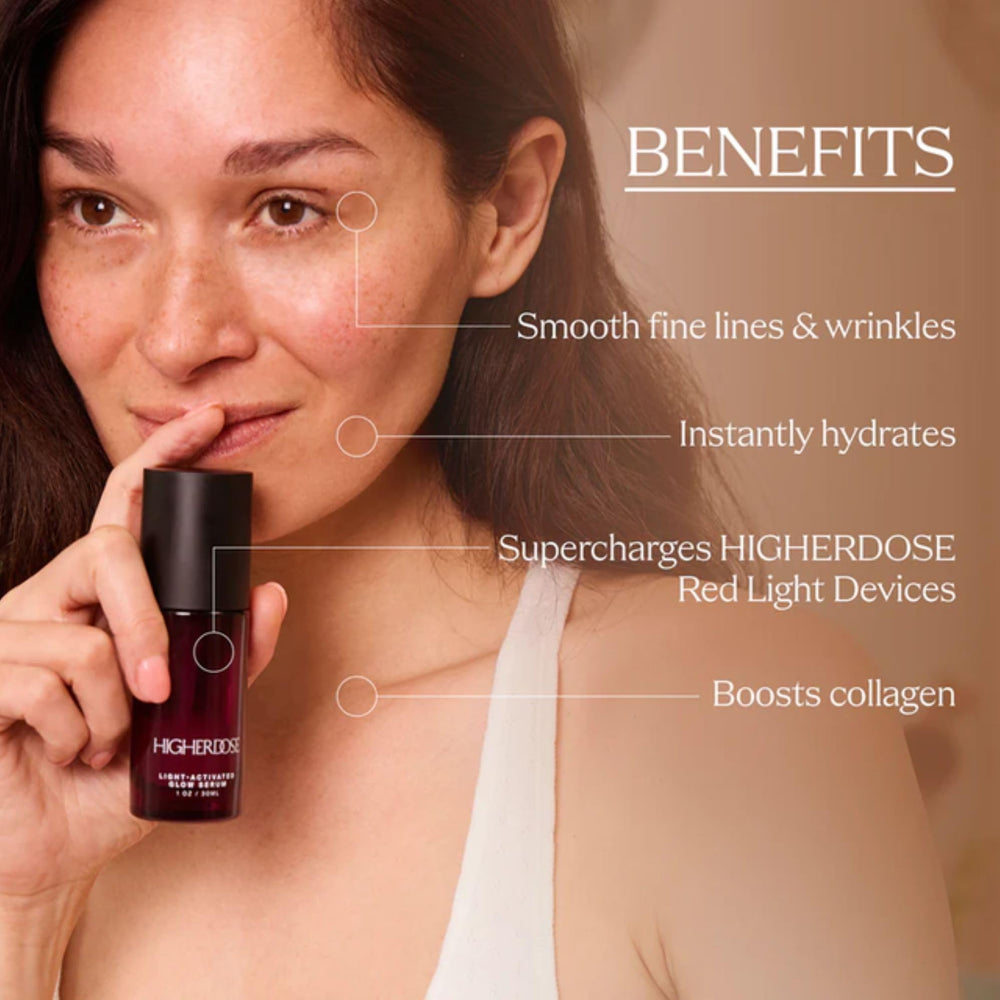 HigherDOSE Glow Serum on skin delivering a visible glow and improved texture