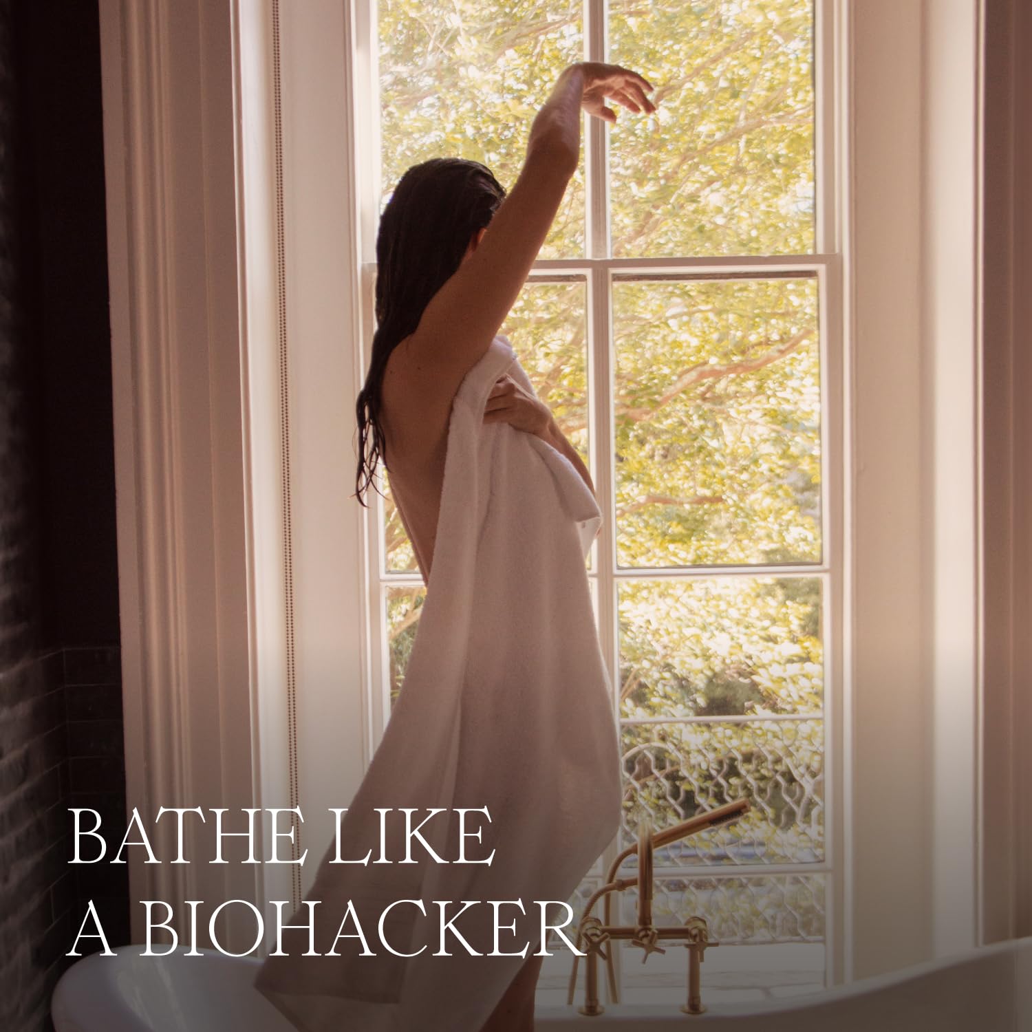 HigherDOSE Serotonin Soak in a calm bathroom scene evokes relaxation ritual