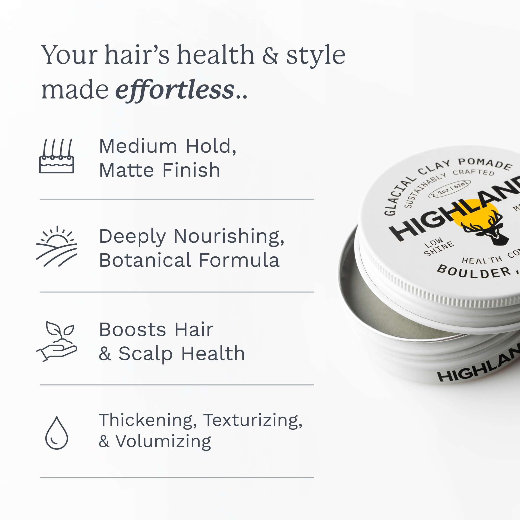 Highland Glacial Hair Clay packaging features aluminum tin for eco-friendly grooming