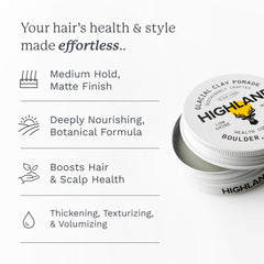 Highland Glacial Hair Clay packaging features aluminum tin for eco-friendly grooming