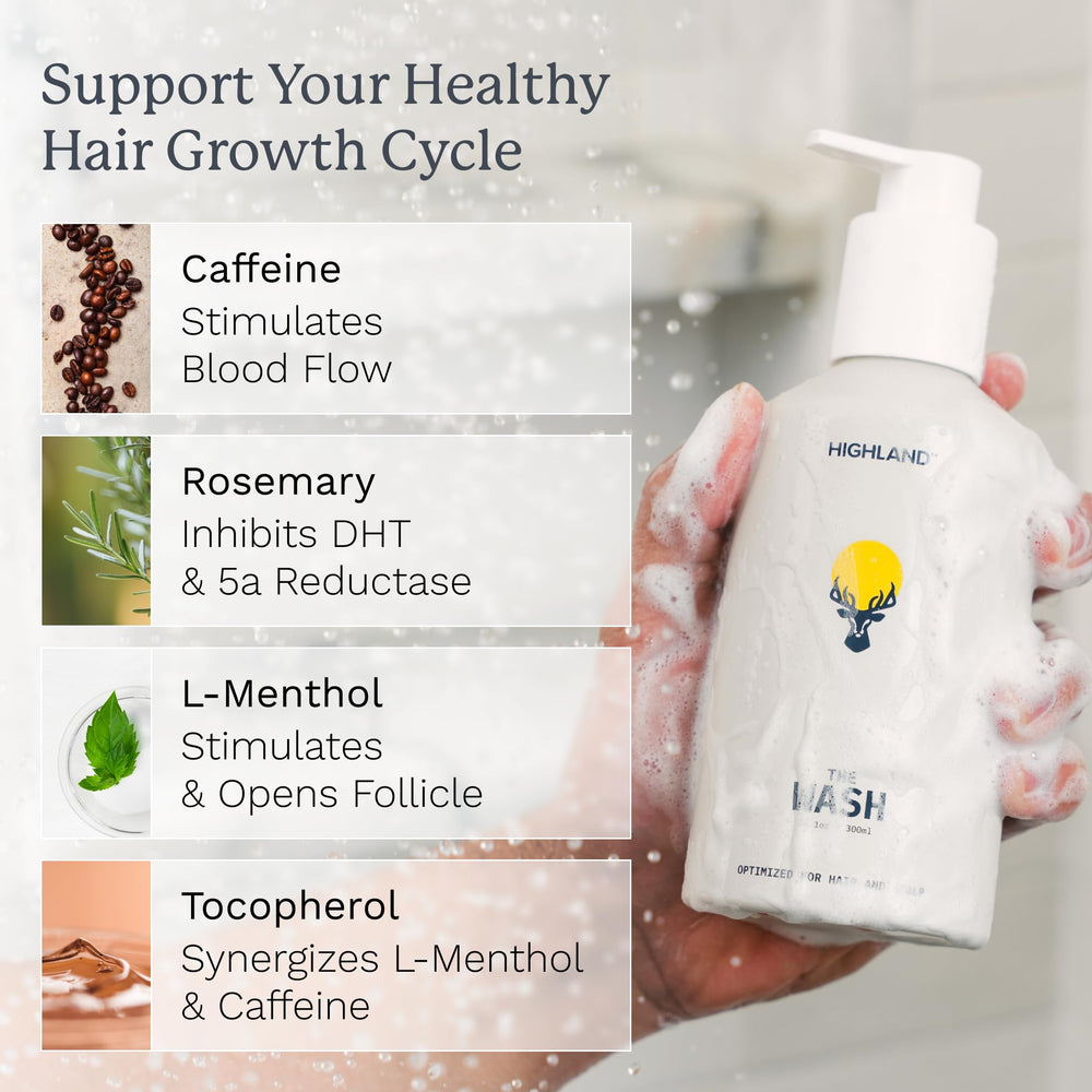 The Wash pH-balanced formula shown for gentle daily use across hair types.