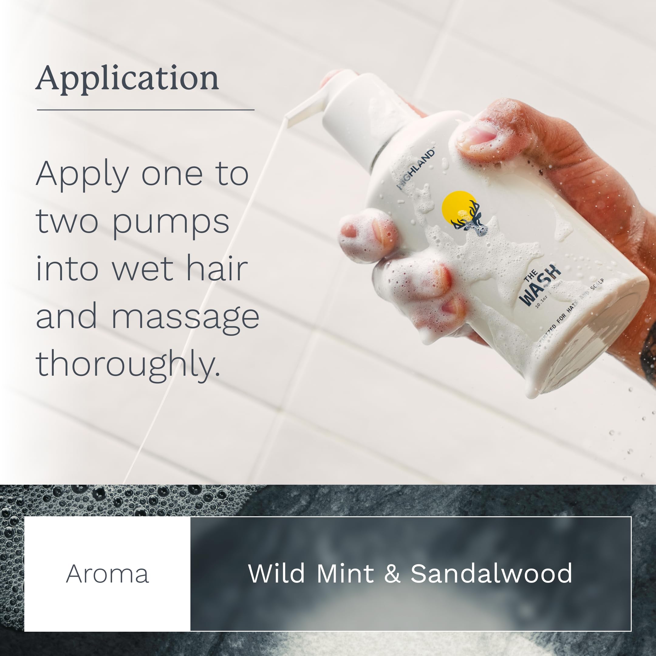 Wild mint and sandalwood aroma of Highland The Wash for spa-like shower ritual.