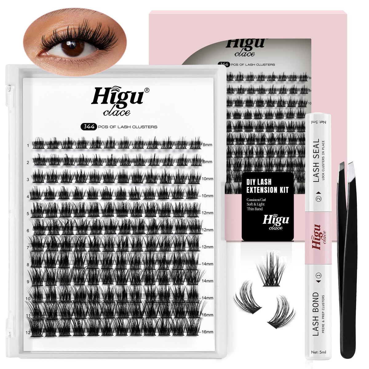 Higu clace Lash-Clusters-Kit box open showing 144 clusters for at-home styling.