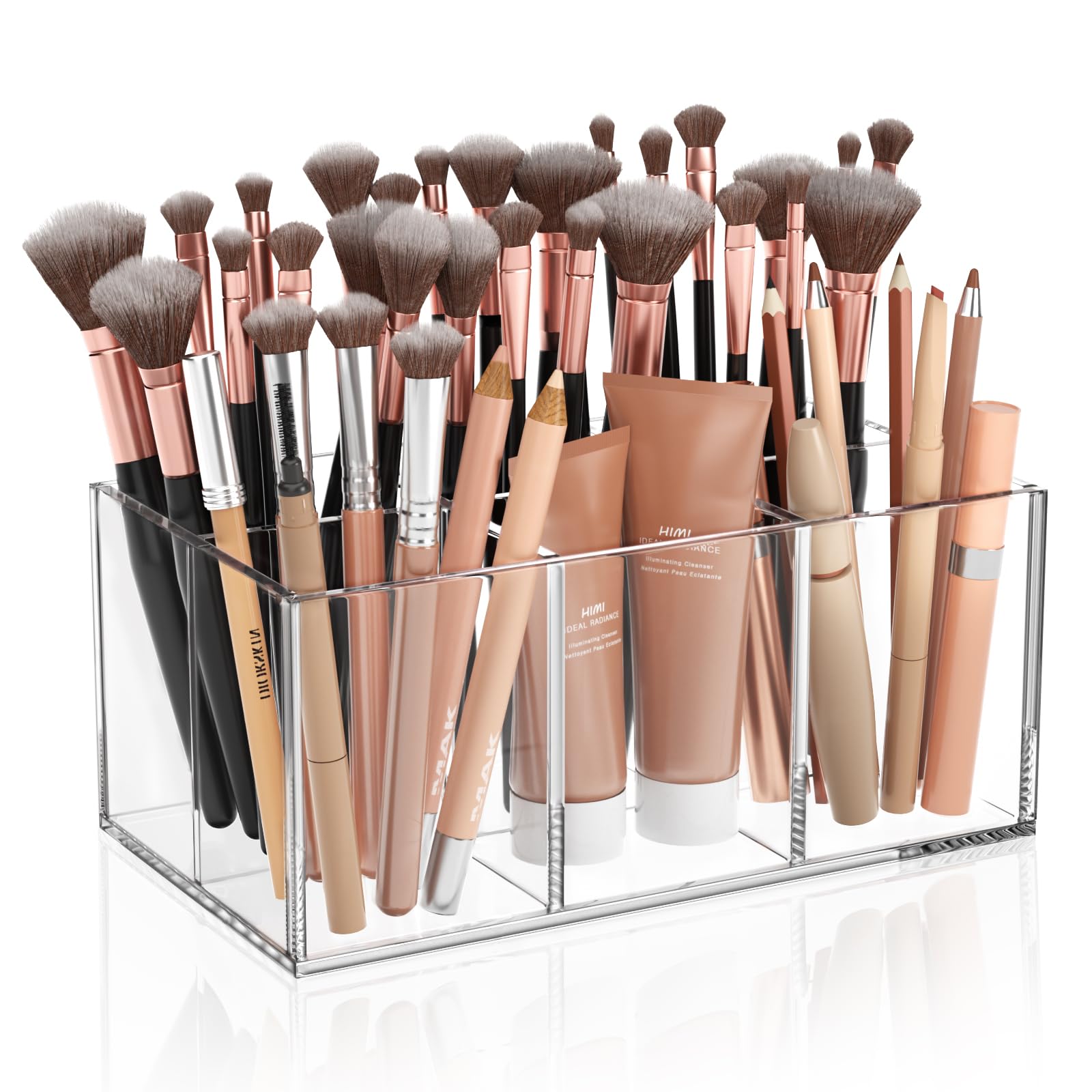 HIIMIEI clear makeup brush holder with 6 slots keeps brushes organized and accessible.