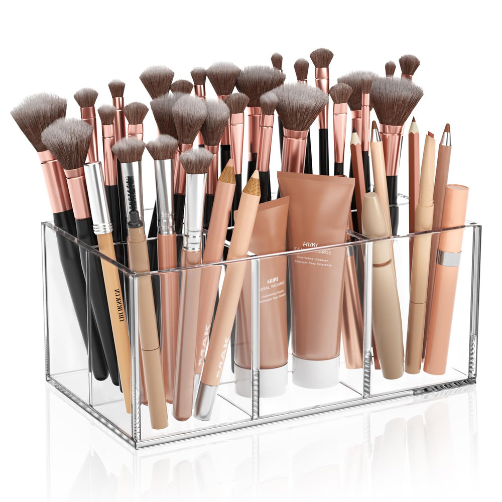 HIIMIEI clear makeup brush holder with 6 slots keeps brushes organized and accessible.