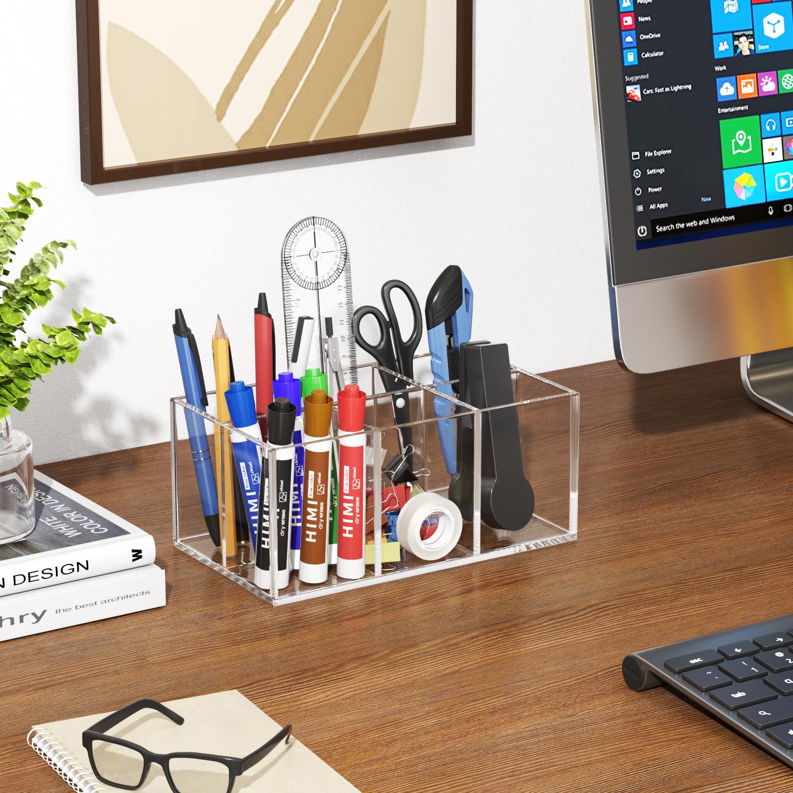 HIIMIEI compact dimensions brush holder fits on vanity or dresser for tidy storage.
