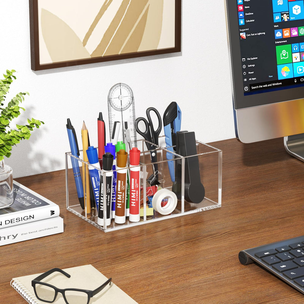 HIIMIEI compact dimensions brush holder fits on vanity or dresser for tidy storage.