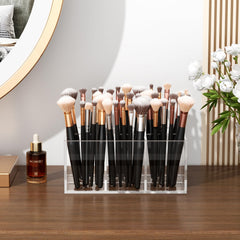 HIIMIEI makeup brush organizer in six compartments simplifies vanity organization and quick retrieval.