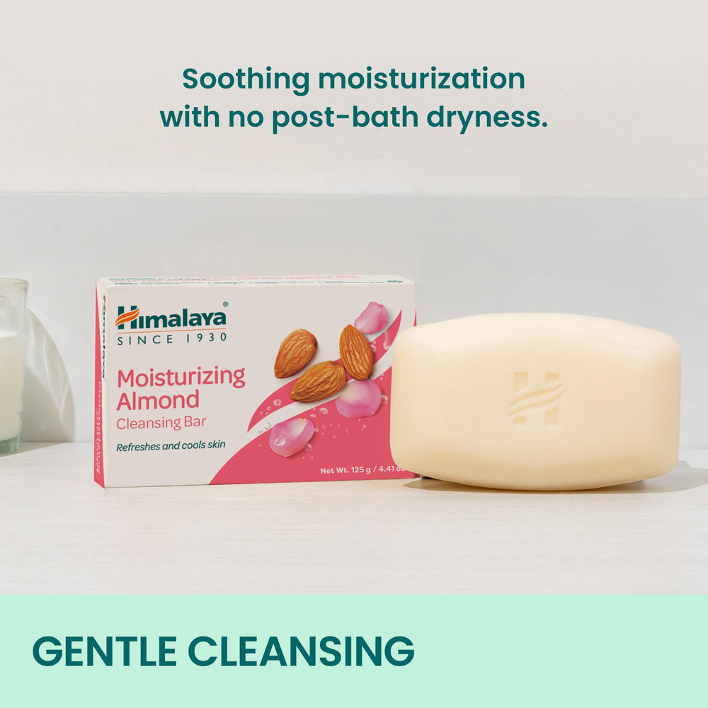 Himalaya Almond Cleansing Bar in a bathroom setting highlighting mild daily cleansing