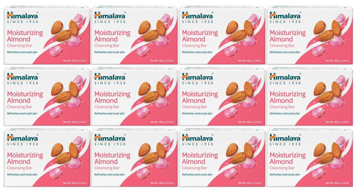 Himalaya Moisturizing Almond Cleansing Bar pack shot showing the 12-pack for soft skin