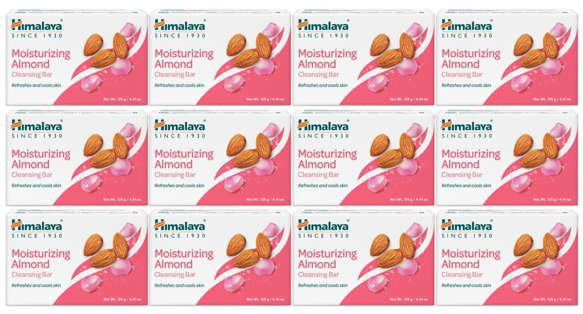 Himalaya Moisturizing Almond Cleansing Bar pack shot showing the 12-pack for soft skin