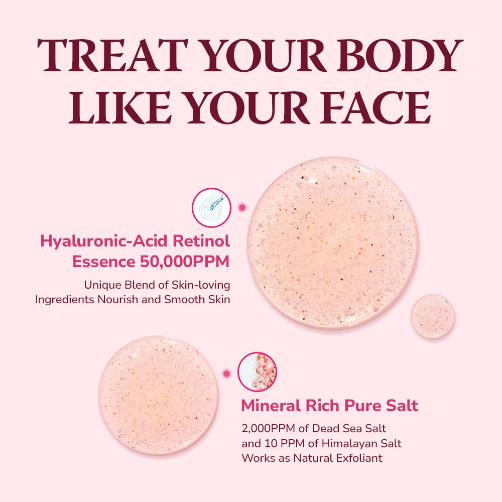 Himalaya Pinksalt dead-sea-salt blend emphasizes mineral-rich exfoliation and deep cleansing potential.