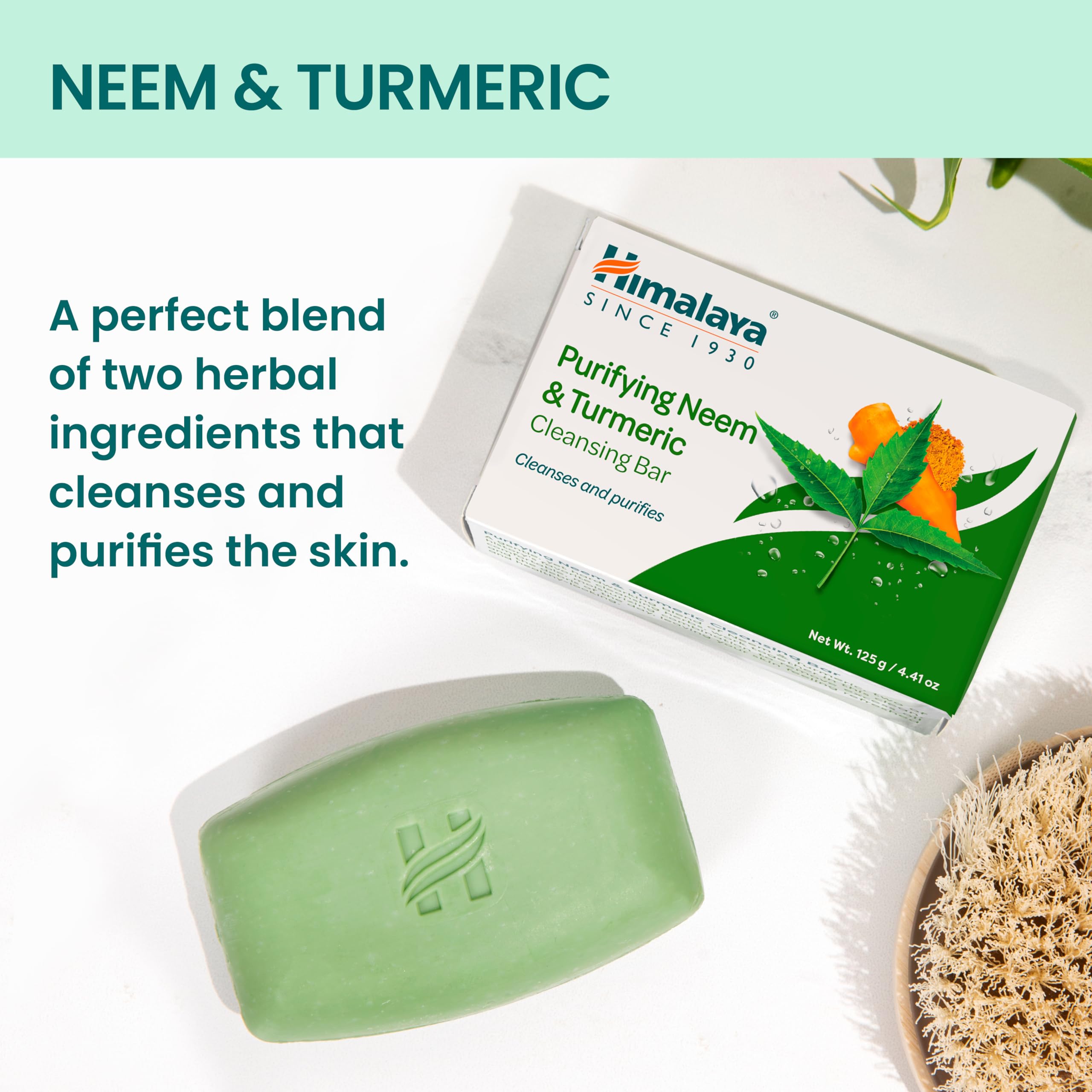 Himalaya neem-turmeric cleansing bar solid form for daily cleansing.