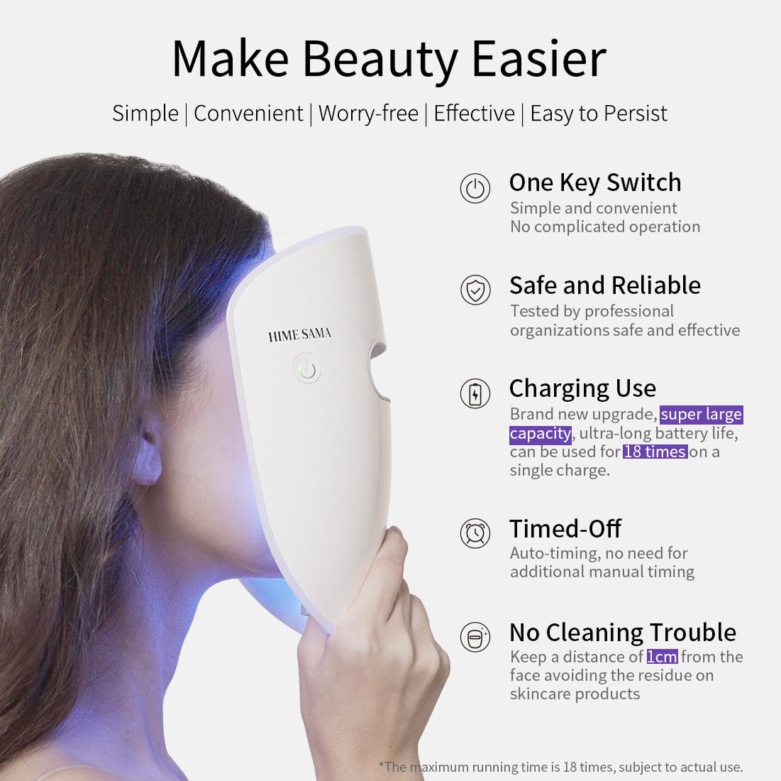 HIME SAMA LED mask wireless battery view emphasizes portable home use.