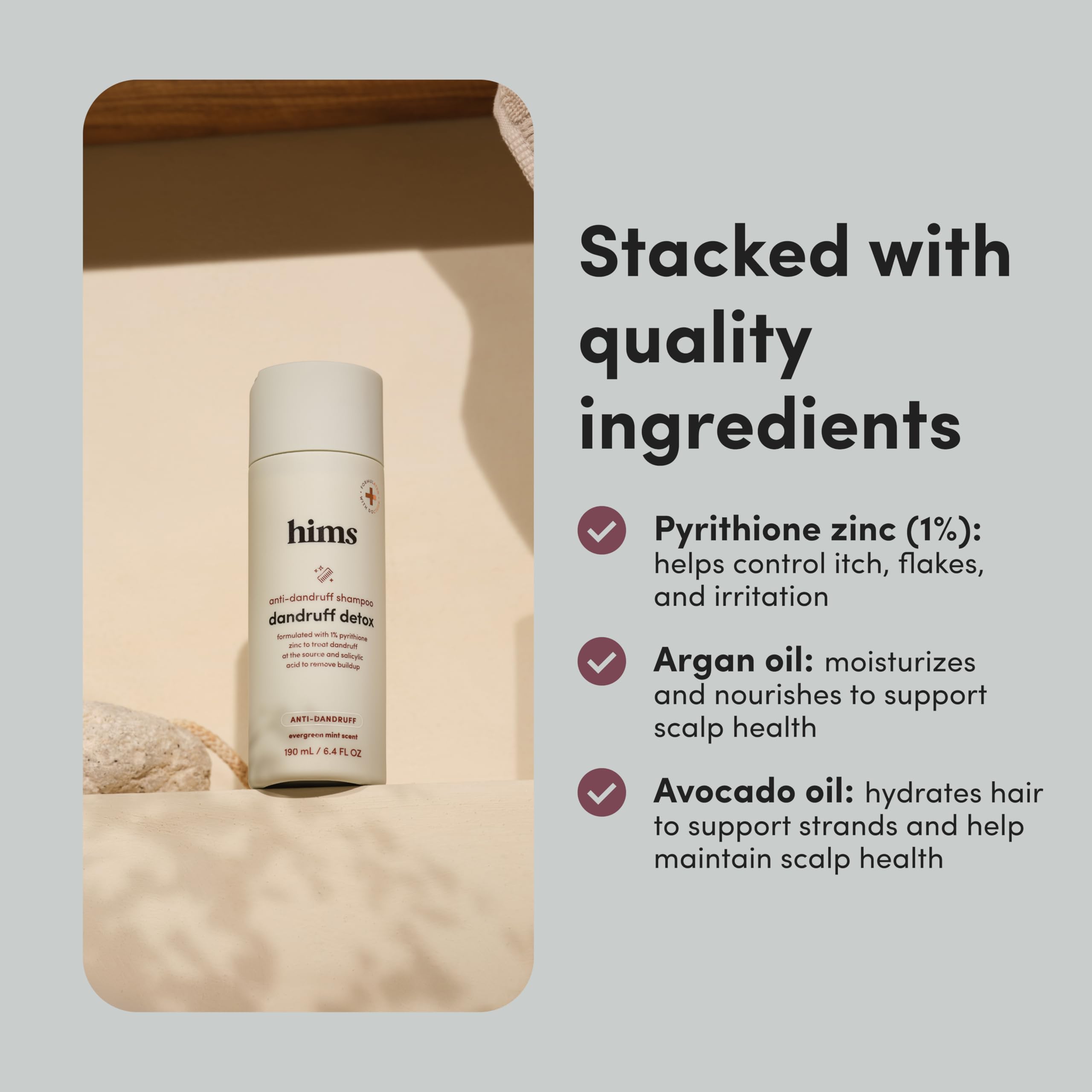 hims Dandruff Detox bottle on shelf demonstrates convenient storage and routine use.