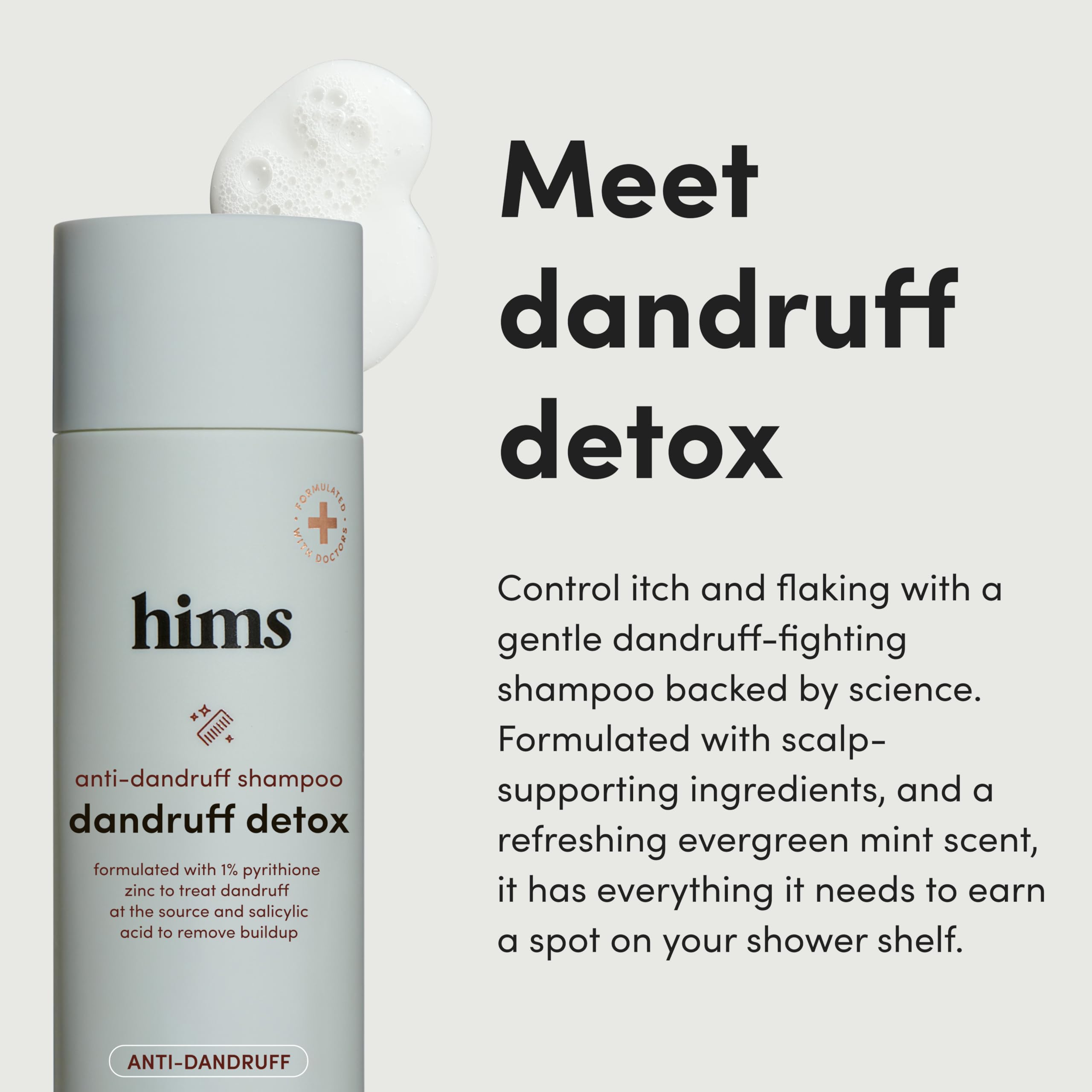 hims Dandruff Detox shampoo closeup label highlights zinc and nourishing oils.