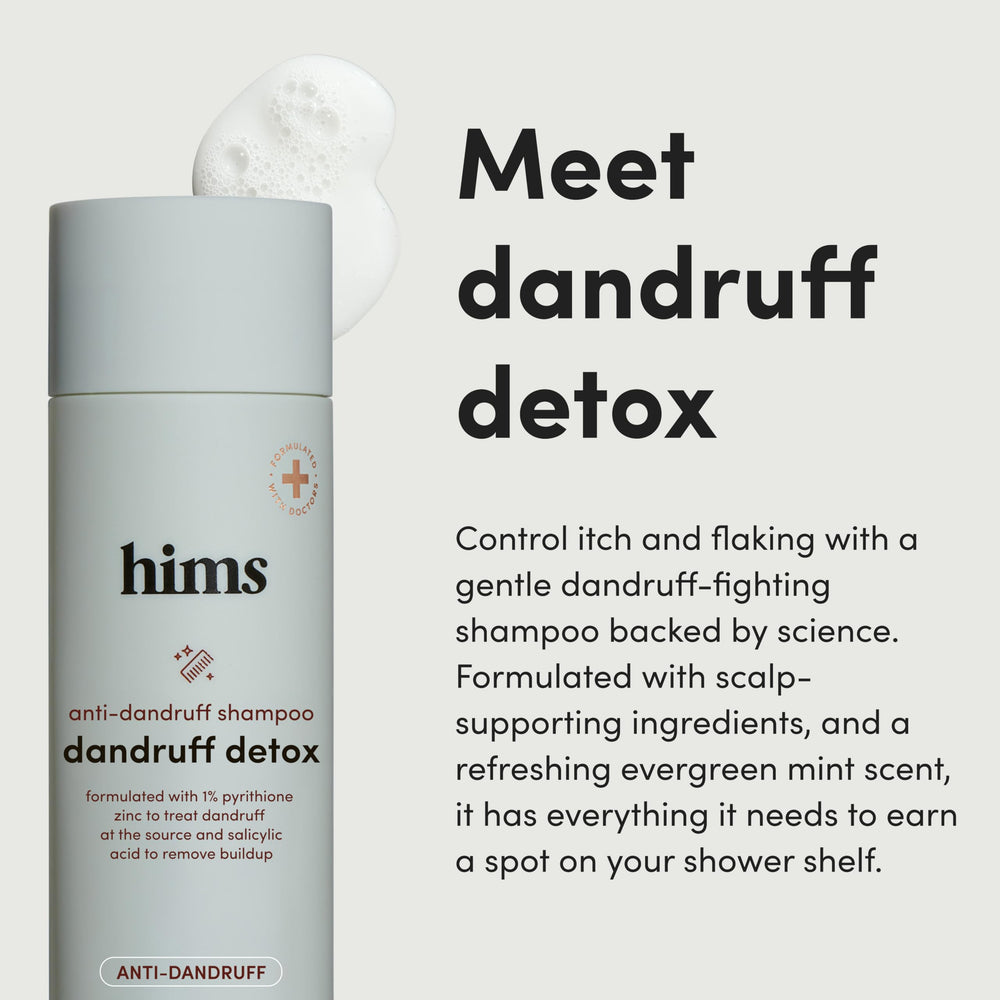 hims Dandruff Detox shampoo closeup label highlights zinc and nourishing oils.