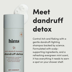 hims Dandruff Detox shampoo closeup label highlights zinc and nourishing oils.