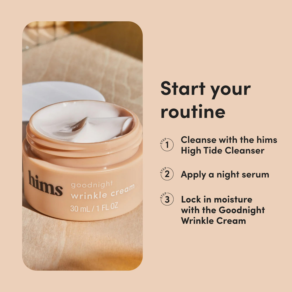 Hims Goodnight Wrinkle Cream night routine scene at a bedside setup.