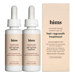 HIMS Hair Regrowth Treatment bottle showing 5% minoxidil for daily use to support fuller hair.