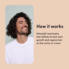 Close-up of scalp with HIMS minoxidil solution showing the non-greasy formula.