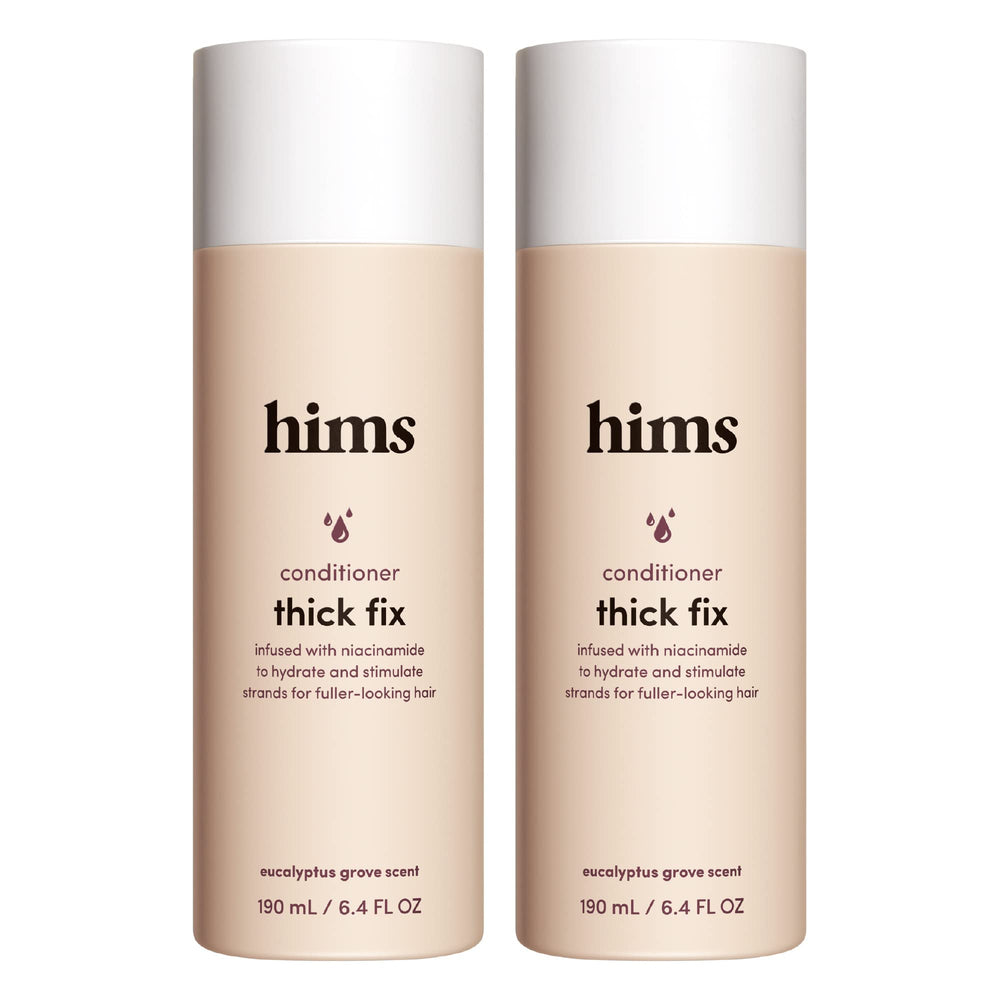 HIMS & HERS Thick Fix bottle with fresh eucalyptus scent for fuller-looking hair.