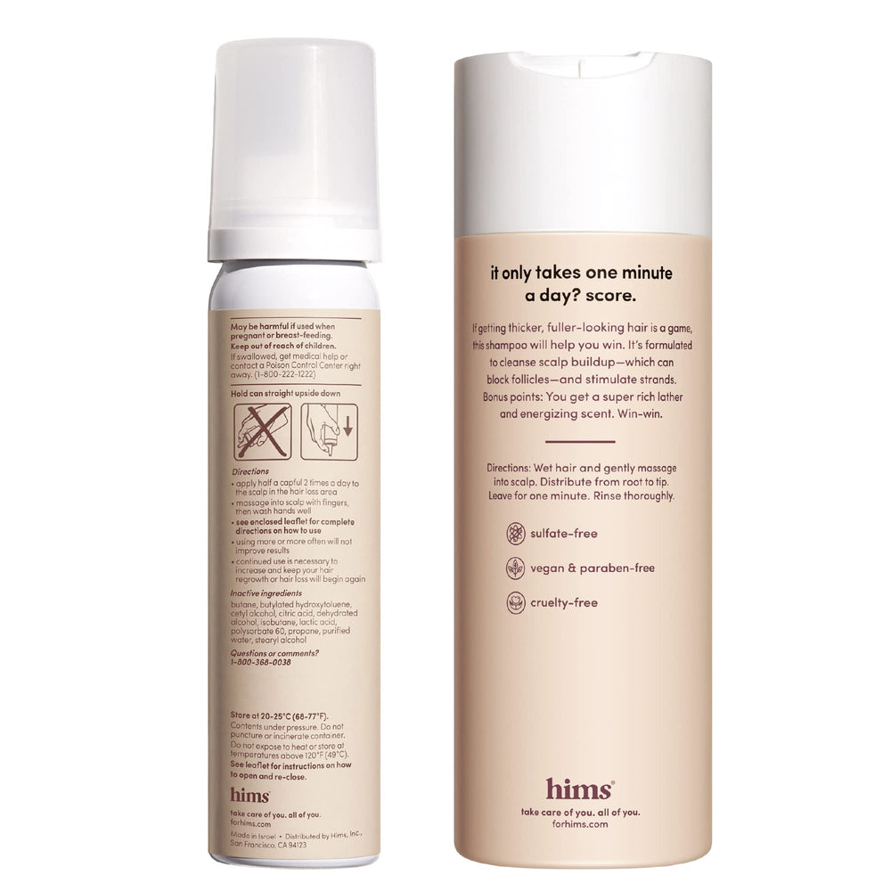 Hims & Hers Thick Fix shampoo bottle shows color-safe claim for vibrant hair while cleansing