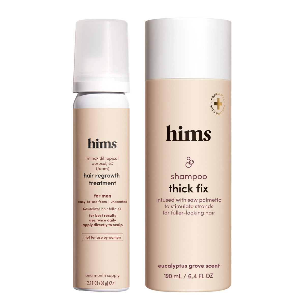 Hims & Hers Thick Fix shampoo pump bottle offers easy application with a refreshing eucalyptus scent