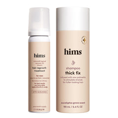 Hims & Hers Thick Fix shampoo pump bottle offers easy application with a refreshing eucalyptus scent