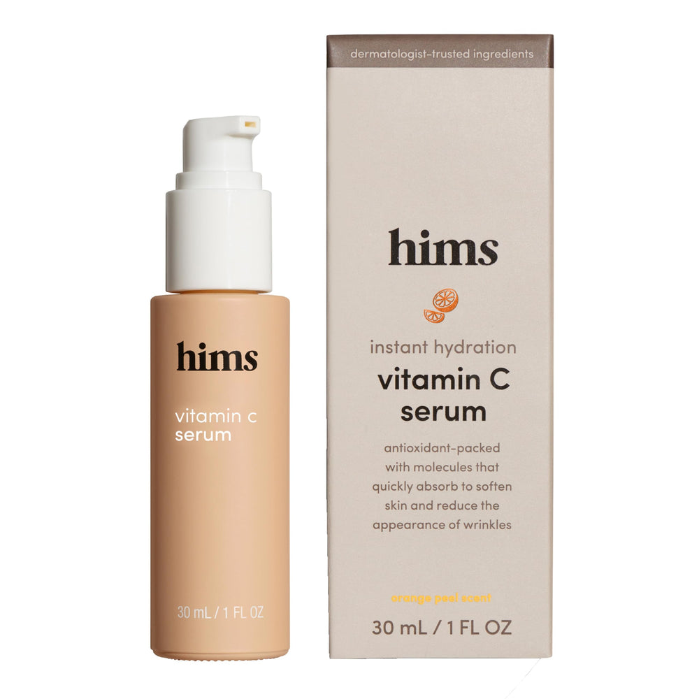 Hims HERS Vitamin C Serum bottle front shows brightening daily antioxidant boost.