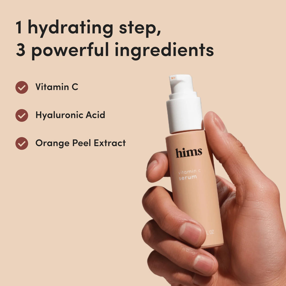 Hims HERS Vitamin C Serum on bathroom shelf signals ready to use daily care.