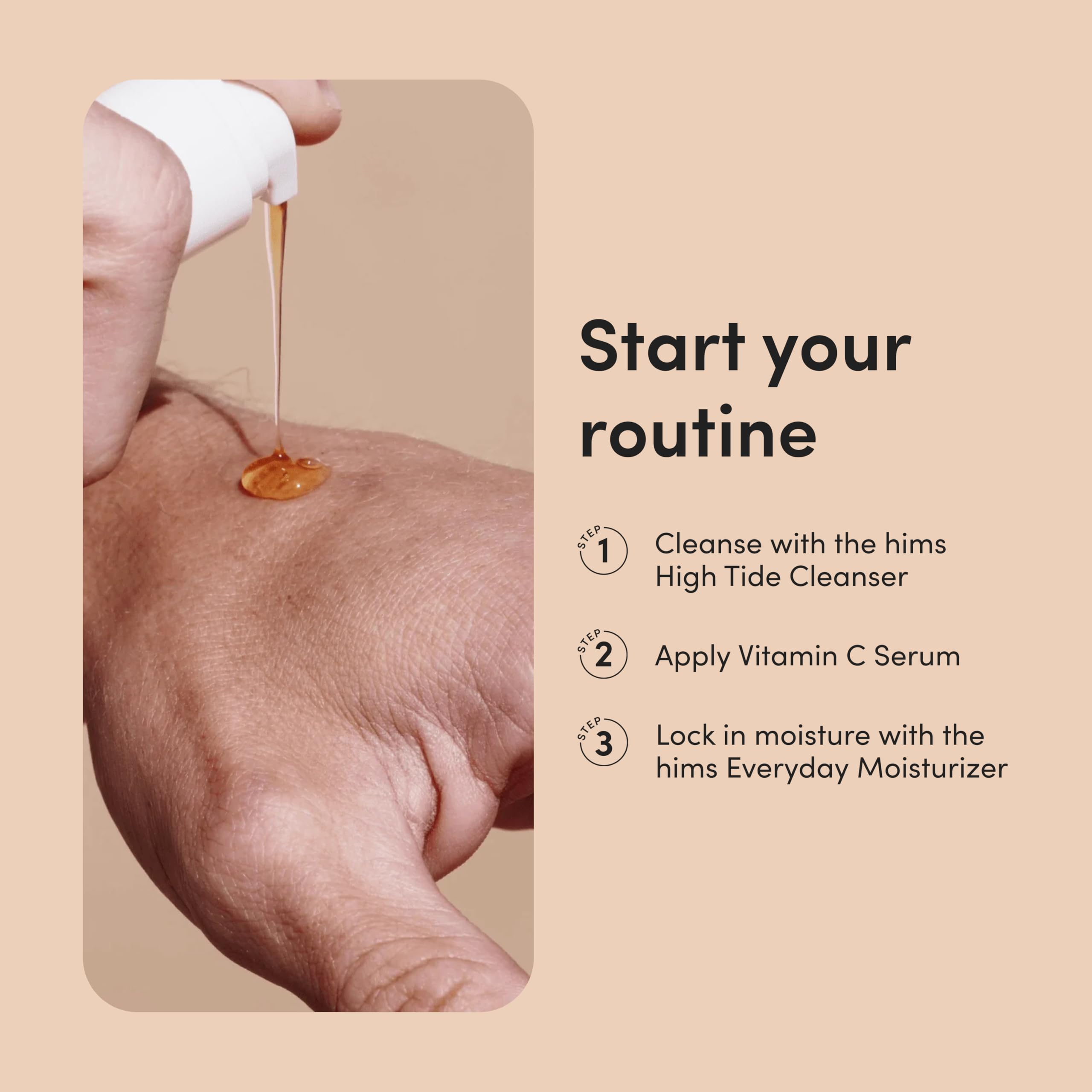 Hims HERS Vitamin C Serum ingredients visual hints at antioxidant protection.