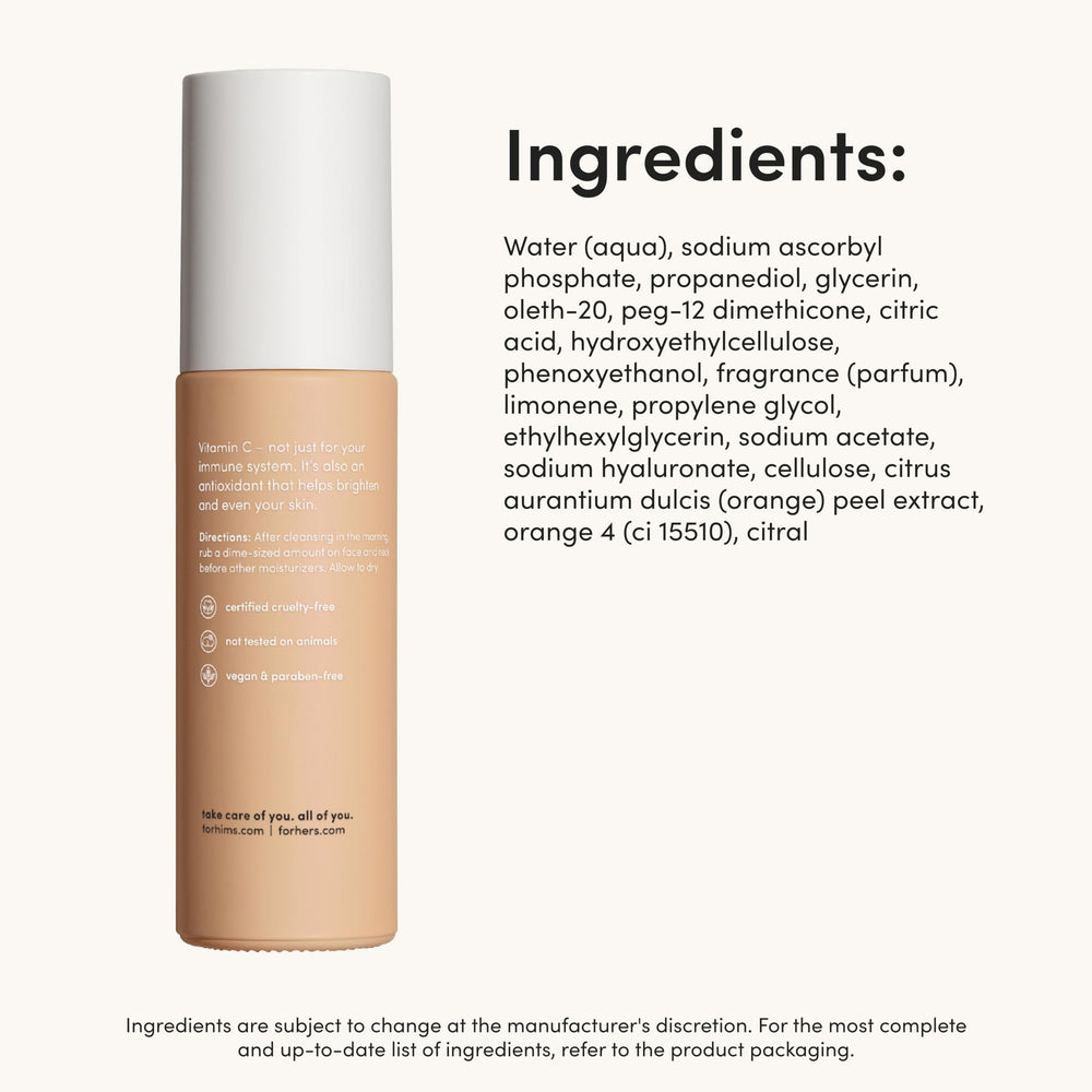Hims HERS Vitamin C Serum package shows compact travel friendly 1 oz bottle.