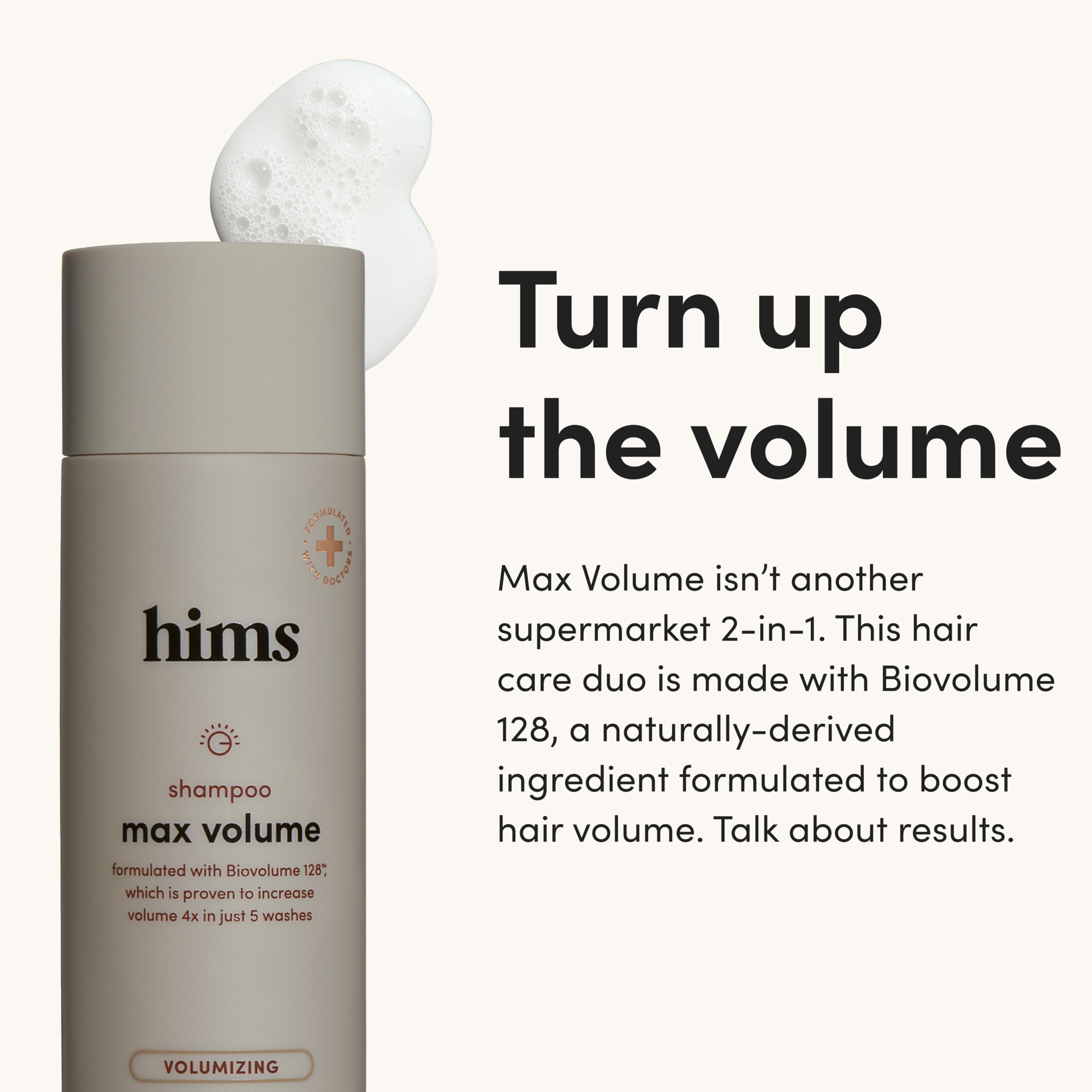 Hims Max Volume conditioner bottle emphasizes lightweight moisture and scalp nourishment